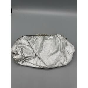 Vintage Silver Metallic Ruched Kiss Lock Clutch Purse Evening Bag ~ 11”